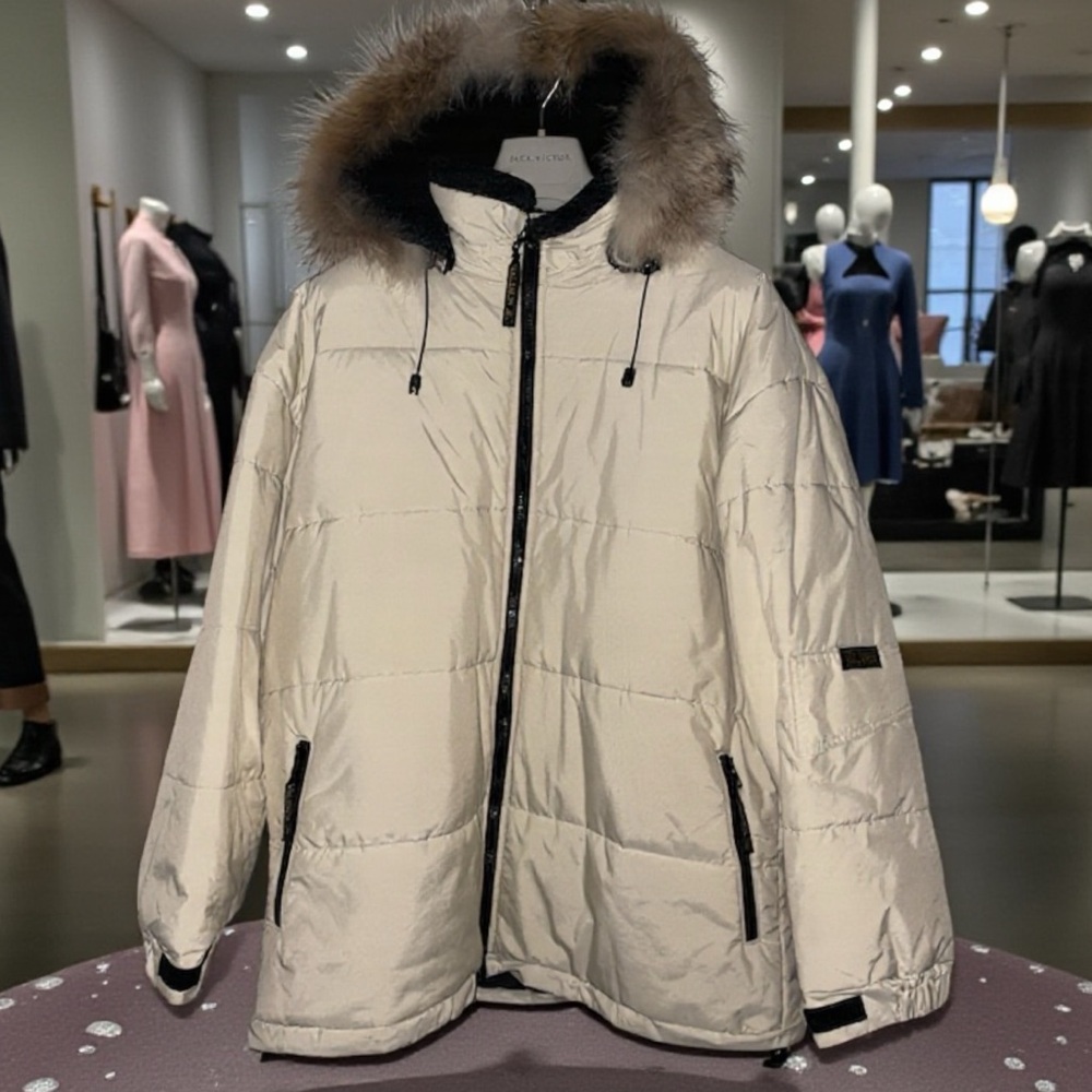 Luxurious Cream Puffer Jacket with Fur Hood EUC for women size 16